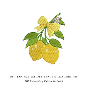 May include: Embroidered design of two yellow lemons with green leaves, a yellow bow, and a small white flower. The text at the bottom reads "PDF Embroidery Pattern Included."