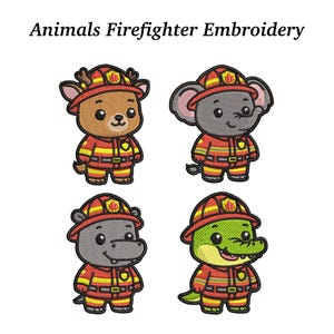 May include: Embroidered patches featuring four cartoon animals dressed as firefighters. The animals include a deer, an elephant, a hippo, and an alligator, all wearing red and yellow firefighter uniforms and helmets. The text "Animals Firefighter Embroidery" is at the top.