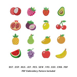 Puede incluir: Un conjunto de parches de frutas bordadas, que incluyen un lichi, una frambuesa, una fresa, un aguacate, una granada, un mangostán, un mango, cerezas, una piña, una pera, una naranja, una sandía, uvas, una manzana y un plátano. El texto "PDF Embroidery Pattern Included".