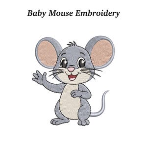 Puede incluir: Diseño bordado de un ratón de dibujos animados saludando. El ratón es gris con orejas grandes, una nariz rosa y una boca roja sonriente. El texto "Baby Mouse Embroidery" está encima del ratón.