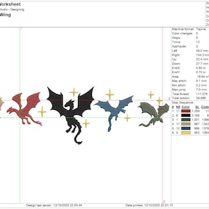 May include: An embroidery design worksheet titled "Fourth Wing" featuring six stylized dragons in various colors, including red, black, and blue. The design includes gold star accents and technical details like stitch count and dimensions (8.00 inches wide).