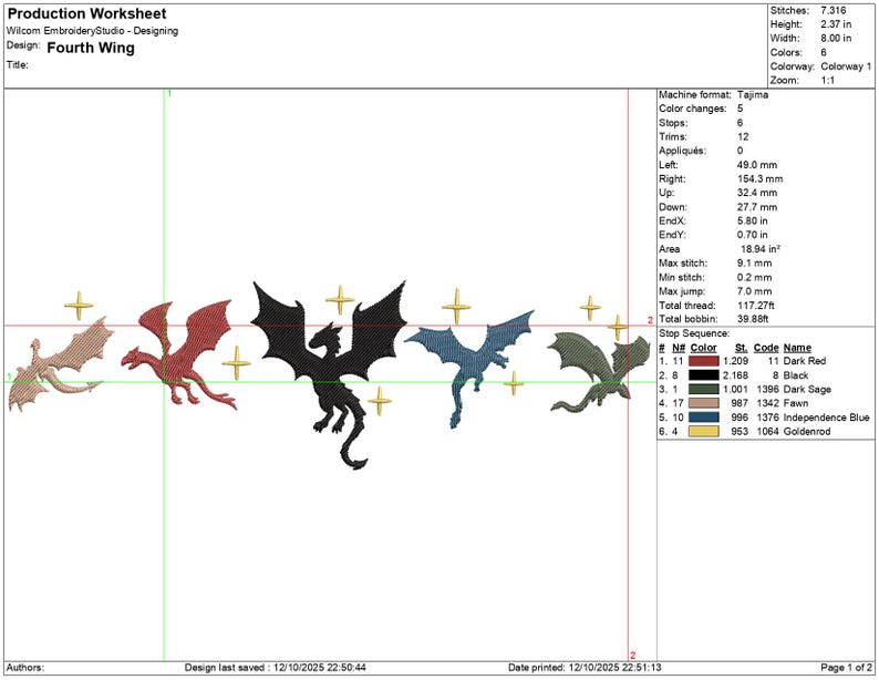 May include: An embroidery design worksheet titled "Fourth Wing" featuring six stylized dragons in various colors, including red, black, and blue. The design includes gold star accents and technical details like stitch count and dimensions (8.00 inches wide).