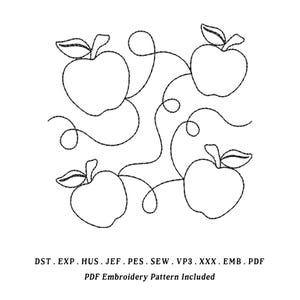 May include: Black and white line drawing of four apples with leaves, connected by swirling vines. The text at the bottom reads "PDF Embroidery Pattern Included."
