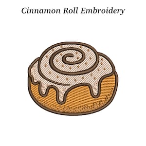 Può includere: Una toppa ricamata con un design a girella alla cannella. La toppa presenta un centro a spirale marrone, glassa beige e una base marrone dorato. Il testo "Cinnamon Roll Embroidery" è sopra l'immagine.