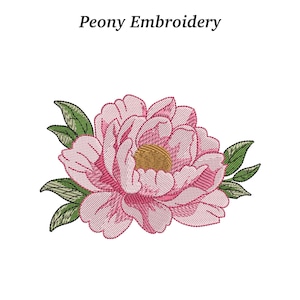 Peut inclure: Motif de broderie de pivoine. La broderie représente une fleur de pivoine rose avec un centre jaune et des feuilles vertes. Le texte "Peony Embroidery" est au-dessus de la fleur.