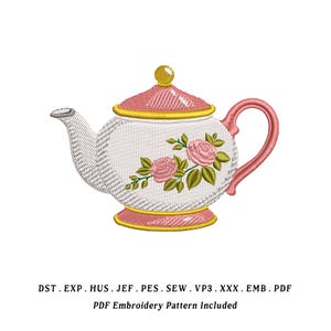 Klassisk broderidesign för rosa tekanna | Vintage blommig tekannaillustration | Cottagecore Kitchen Outline Stitch File | Digital maskinbroderi