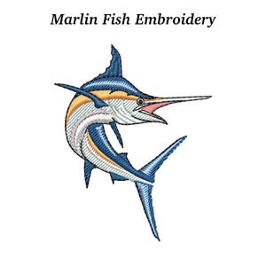 May include: Embroidered marlin fish design in blue, yellow, and white. The fish has a long, pointed bill and a curved body. The text "Marlin Fish Embroidery" is above the fish.