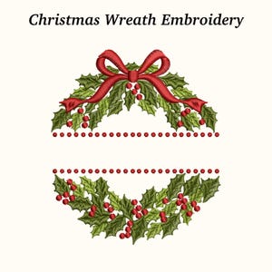 Puede incluir: Diseño de bordado de corona navideña con hojas verdes, bayas rojas y un lazo rojo. El texto "Christmas Wreath Embroidery" está en la parte superior. Ideal para manualidades y decoraciones navideñas.