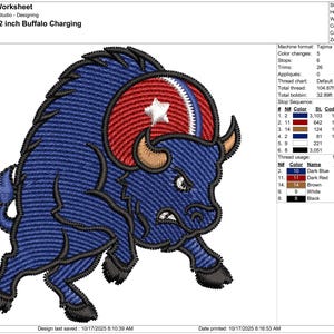 May include: Embroidered design of a charging buffalo, primarily blue with red and white accents. The design is 2.0 x 2.2 inches. The buffalo has a determined expression, with horns and a star on its head.