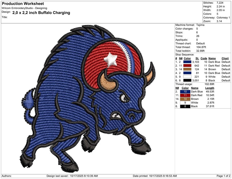 May include: Embroidered design of a charging buffalo, primarily blue with red and white accents. The design is 2.0 x 2.2 inches. The buffalo has a determined expression, with horns and a star on its head.