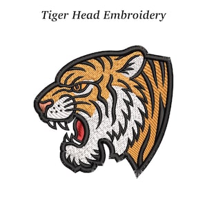 May include: Embroidered tiger head design with the text "Tiger Head Embroidery". The tiger features orange and black stripes, white fur, and a red mouth. The embroidery is outlined in black.