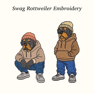 Puede incluir: Diseño bordado con dos perros Rottweiler con gorros, sudaderas con capucha, vaqueros azules y zapatillas deportivas. Uno está en cuclillas, el otro de pie. El texto "Swag Rottweiler Embroidery" está en la parte superior.