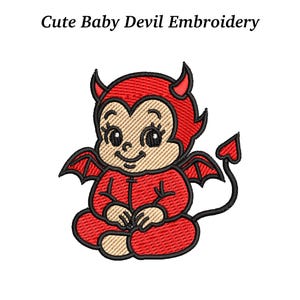 以下が含まれることがあります： 赤と黒のアクセントが施された、かわいいベビーデビルの刺繍デザイン。ベビーデビルは角、翼、尻尾を持っています。「Cute Baby Devil Embroidery」の文字が画像の上にあります。