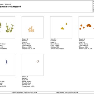 May include: An embroidery design titled "6.7 x 3.2 inch Forest Meadow" featuring plant and mushroom illustrations. The design includes dark green, white, yellow, orange, dark blue, and brown elements. The design is 17.0 cm wide and 8.1 cm high.