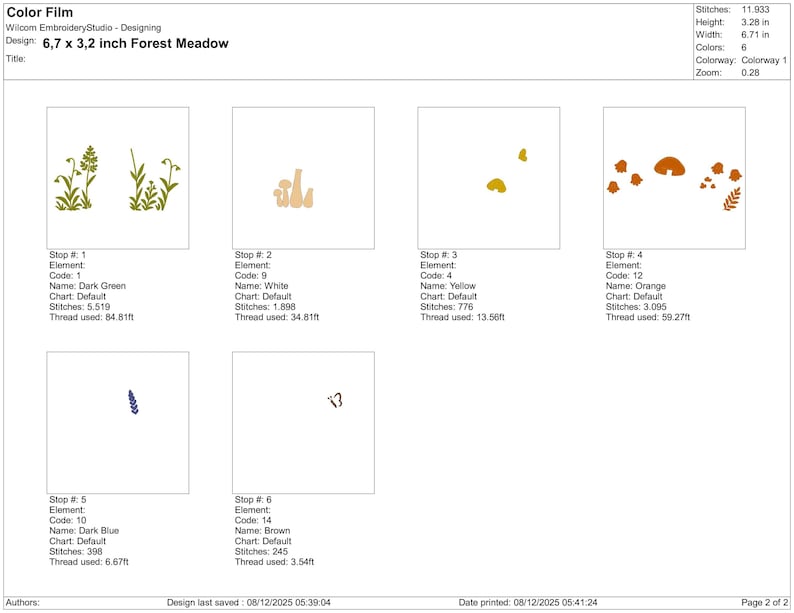 May include: An embroidery design titled "6.7 x 3.2 inch Forest Meadow" featuring plant and mushroom illustrations. The design includes dark green, white, yellow, orange, dark blue, and brown elements. The design is 17.0 cm wide and 8.1 cm high.