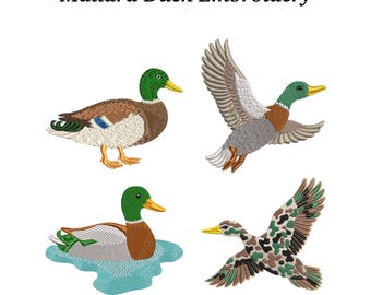 Mallard Ducks Embroidery Design Set, Flying, Swimming, Standing & Camo Pattern, EMB Included – Instant Download