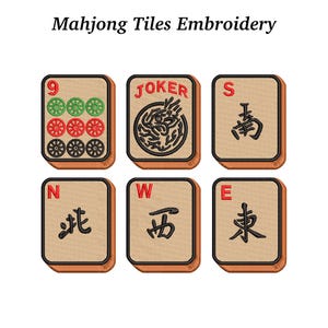 Op de afbeelding: Geborduurde Mahjong-tegels met diverse symbolen en karakters. De tegels tonen het cijfer 9 met cirkels, een Joker-tegel en tegels gemarkeerd met de letters S, N, W en E. De tekst "Mahjong Tiles Embroidery" staat bovenaan.