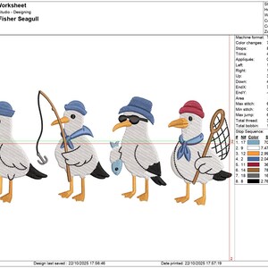 May include: An embroidery design featuring four cartoon seagulls. Each seagull is depicted with a unique accessory: a hat, sunglasses, fishing rod, and a net. One seagull holds a fish in its beak. The design is in various colors.