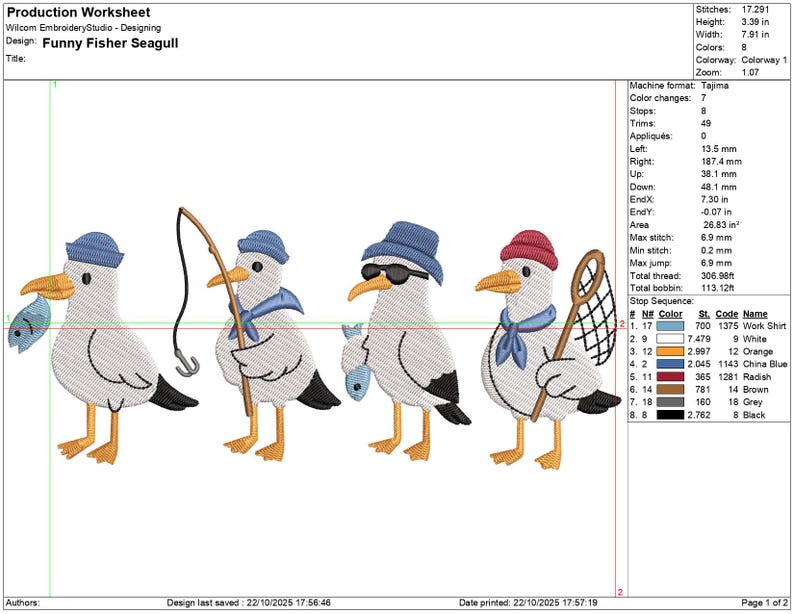 May include: An embroidery design featuring four cartoon seagulls. Each seagull is depicted with a unique accessory: a hat, sunglasses, fishing rod, and a net. One seagull holds a fish in its beak. The design is in various colors.