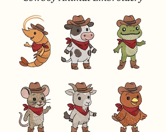 Cartoon Cowboy Animal Embroidery Design Set - 6 Funny Characters, 3 Sizes, EMB Files Included