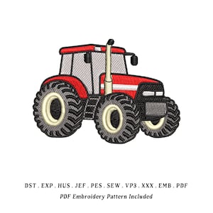 May include: An embroidered tractor design in red, black, and gray. The tractor has large, textured tires and a white exhaust pipe. The image includes the text "PDF Embroidery Pattern Included".