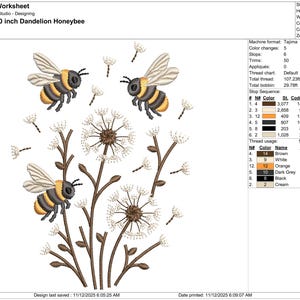 K&ouml;nnte beinhalten: Ein Stickmuster mit drei Bienen mit gelben und schwarzen Streifen, in der N&auml;he wei&szlig;er L&ouml;wenzahnbl&uuml;ten. Das Design ist 7,37 x 10,16 cm gro&szlig;. Der Text "Dandelion Honeybee" steht oben.