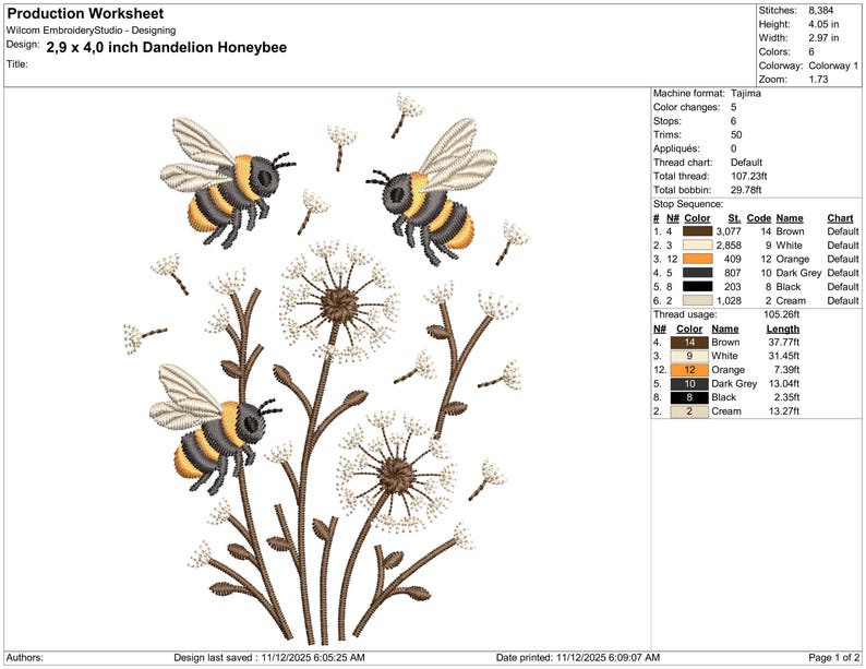 K&ouml;nnte beinhalten: Ein Stickmuster mit drei Bienen mit gelben und schwarzen Streifen, in der N&auml;he wei&szlig;er L&ouml;wenzahnbl&uuml;ten. Das Design ist 7,37 x 10,16 cm gro&szlig;. Der Text "Dandelion Honeybee" steht oben.