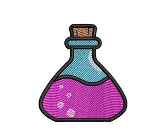 May include: An embroidered potion bottle with a black outline. The bottle contains a purple liquid with white bubbles and a blue top. The text "Potion Bottle Embroidery" is above the bottle.