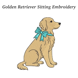May include: Embroidery of a golden retriever sitting, wearing a teal bow. The dog is depicted in profile, with detailed stitching creating a textured appearance. The text "Golden Retriever Sitting Embroidery" is above the dog.