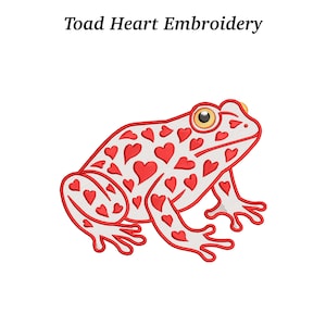 May include: Embroidered design of a frog with red heart patterns on a white background. The frog has red outlines and a yellow eye. The text "Toad Heart Embroidery" is at the top.