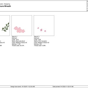 May include: A digital embroidery design titled "Half Sakura Wreath." The design features three elements: green leaves, pink cherry blossoms, and small red star-like shapes. The design is 2.78 inches high and 3.68 inches wide.