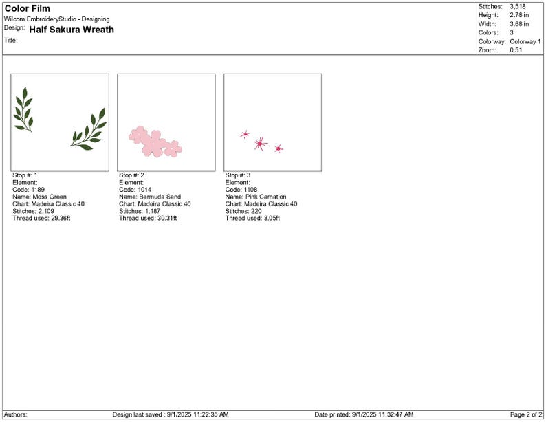 May include: A digital embroidery design titled "Half Sakura Wreath." The design features three elements: green leaves, pink cherry blossoms, and small red star-like shapes. The design is 2.78 inches high and 3.68 inches wide.