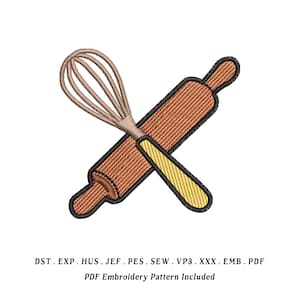 Puede incluir: Diseño bordado con un rodillo, un batidor y una espátula, todos en tonos marrones y amarillos con contornos negros. El texto en la parte inferior dice "PDF Embroidery Pattern Included."
