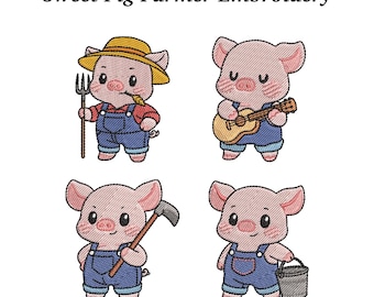 Süßer kleiner Schwein Bauer Stickdatei, süßes Schweinchen Overall Emb Stickmuster, Bauernhof Tier Maschinenstickdatei, EMB inklusive - Instant Download
