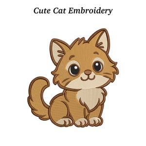 Può includere: Un ricamo di un simpatico gatto dei cartoni animati nei toni del marrone, beige e crema, con grandi occhi espressivi. Il testo "Cute Cat Embroidery" è sopra il gatto.