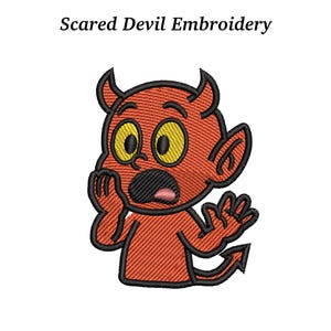 May include: Embroidered patch of a cartoon devil with a frightened expression. The devil is red with black outlines, yellow eyes, and an open mouth. The text "Scared Devil Embroidery" is above the image.