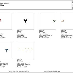 May include: A color film design titled "Fourth Wing" featuring six dragon illustrations in various colors: dark red, black, dark sage, fawn, independence blue, and goldenrod. The design includes stitch counts and thread usage.