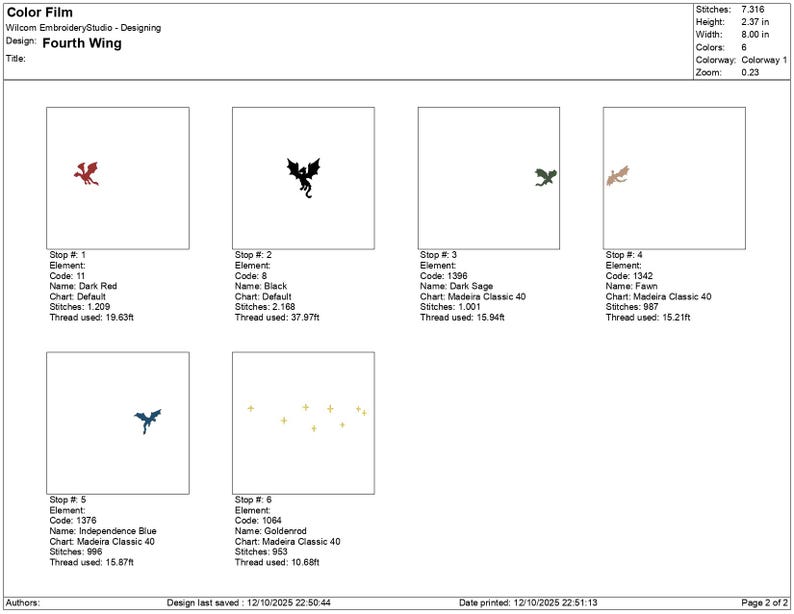 May include: A color film design titled "Fourth Wing" featuring six dragon illustrations in various colors: dark red, black, dark sage, fawn, independence blue, and goldenrod. The design includes stitch counts and thread usage.