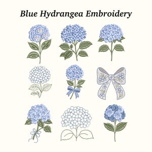 Puede incluir: Imagen que presenta varios diseños bordados de hortensias azules. Los diseños incluyen flores completas, flores individuales y un lazo, todos con costuras detalladas. El texto "Blue Hydrangea Embroidery" está en la parte superior. El fondo es de color crema claro.