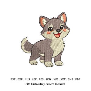 May include: Embroidered cartoon wolf with a smiling expression, featuring gray and cream colors. The wolf has pink cheeks and a red tongue. Text at the bottom reads: DST. EXP. HUS. JEF. PES. SEW. VP3. XXX. EMB. PDF. PDF Embroidery Pattern Included.