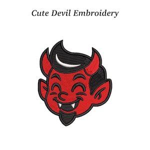 May include: A red devil face embroidery patch with black hair, horns, and goatee. The patch has a smiling expression and the text "Cute Devil Embroidery" above the image.