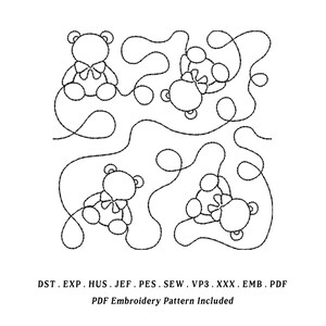 May include: Black and white line drawing of four teddy bears with bow ties, connected by a continuous line. The text at the bottom reads "PDF Embroidery Pattern Included".