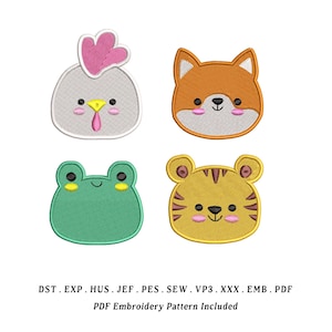 May include: Four embroidered patches featuring cartoon animal faces: a chicken, fox, frog, and tiger. The chicken is white with a pink comb, the fox is orange, the frog is green, and the tiger is yellow with black stripes. Text at the bottom says "PDF Embroidery Pattern Included."
