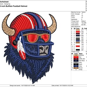 May include: Embroidered design of a Buffalo football helmet with sunglasses and horns. The design is 2.0 x 2.6 inches. The helmet is red and blue with a white feather accent. The design includes the text "Buffalo Football Helmet".
