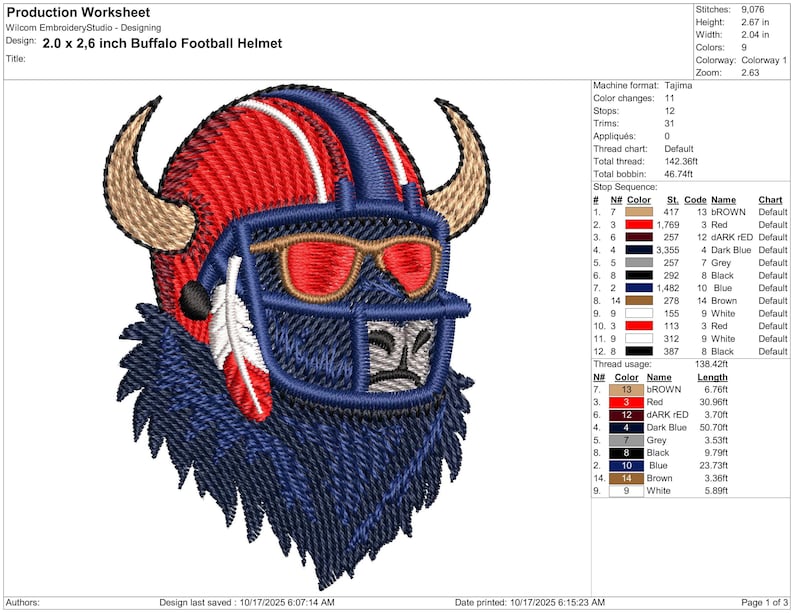 May include: Embroidered design of a Buffalo football helmet with sunglasses and horns. The design is 2.0 x 2.6 inches. The helmet is red and blue with a white feather accent. The design includes the text "Buffalo Football Helmet".