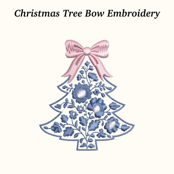 Chinoiserie Christmas Tree Bow Embroidery Design - 3 Sizes EMB Included, Instant Download