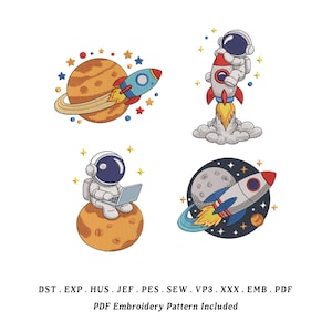 May include: Four colorful space-themed embroidery designs. The designs include a planet with a rocket, an astronaut on a rocket, an astronaut with a laptop on a planet, and a rocket around a planet. The text at the bottom says "PDF Embroidery Pattern Included."