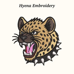 May include: Embroidered patch featuring a snarling hyena head with a studded collar. The hyena has tan fur with black spots, a pink tongue, and white teeth. The text "Hyena Embroidery" is above the image.