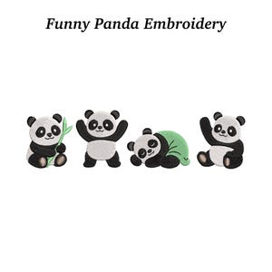 Puede incluir: Diseños bordados de osos panda en negro, blanco y verde. La imagen presenta cuatro osos panda en diferentes poses, incluido uno que sostiene bambú y otro acostado. El texto "Funny Panda Embroidery" está en la parte superior.