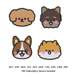 以下が含まれることがあります： さまざまな犬種で刺繍された4つの犬の顔。それぞれピンクの頬と黒い輪郭があります。犬は茶色、黒、タンです。下部のテキストは次のとおりです：PDF刺繍パターンが含まれています。